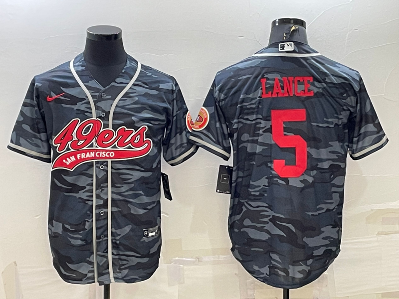 Men's San Francisco 49ers #5 Trey Lance Grey Red Camo With Patch Cool Base Stitched Baseball Jersey